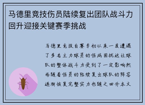马德里竞技伤员陆续复出团队战斗力回升迎接关键赛季挑战